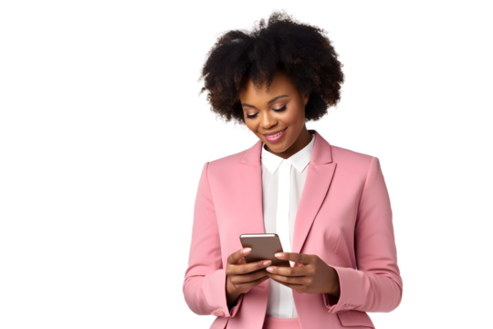 african businesswoman browsing on mobile phone isolated on transparent background