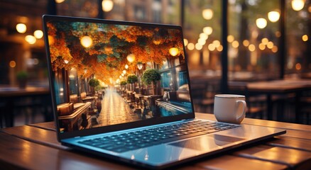 A cozy night in, surrounded by the warm glow of candlelight, with my trusty laptop by my side and a cup of coffee to keep me company as i work on the bustling city streets - obrazy, fototapety, plakaty