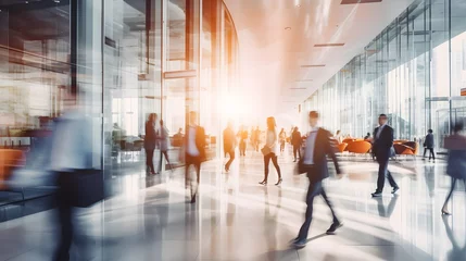 Foto op Plexiglas Bright business workplace with people in walking in blurred motion in modern office space © Ziyan