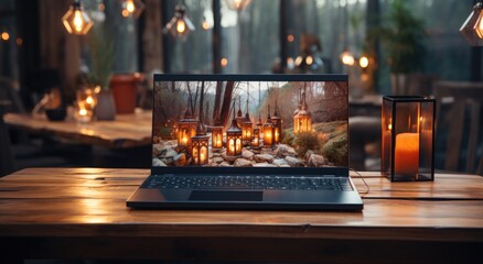 A cozy indoor scene with a laptop sitting on a wooden table, next to a flickering candle, invites you to work or relax in style
