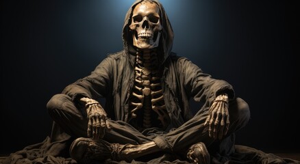A serene skeleton contemplates the human form as it sits in a yoga pose, its face frozen in peaceful contemplation, embodying the perfect balance between life and death in this haunting sculpture - Powered by Adobe