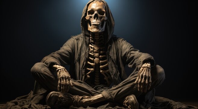 A serene skeleton contemplates the human form as it sits in a yoga pose, its face frozen in peaceful contemplation, embodying the perfect balance between life and death in this haunting sculpture