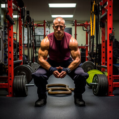 Obraz premium A firefighter of typical build is seen doing squats in the gym, showing off a strong and functional physique. The sweat on his forehead shows the intensity of his workout.