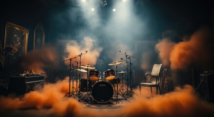 An explosive performance awaits as a solitary drummer sits upon a throne of smoke, ready to rock the music venue with their skilled use of cymbals and drums - obrazy, fototapety, plakaty