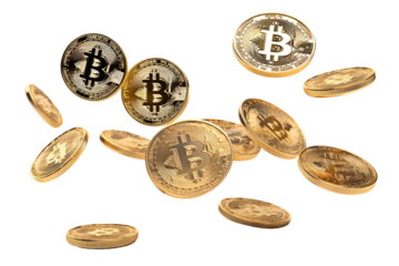 flying bitcoins isolated on transparent background