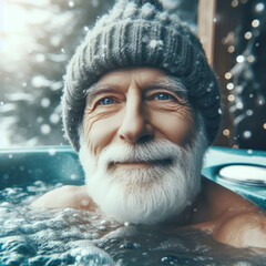 portrait old man in a jacuzzi outdoors in winter, blure bokeh winter nature background. ai generative - obrazy, fototapety, plakaty