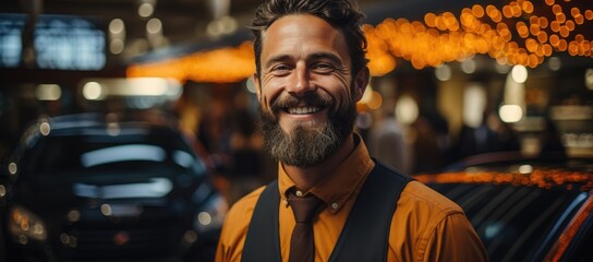 A jovial man sporting a beard and mustache stands confidently on a bustling street, his stylish...