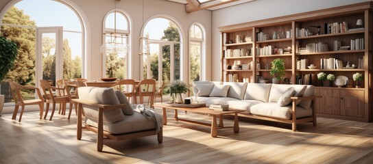 Fototapeta na wymiar Cozy and modern, this indoor living room boasts a bookcase filled with literary treasures and a stylish studio couch perfect for lounging and reading by the window