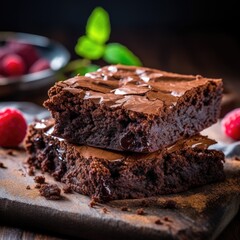 a stack of baked brown brownie pie, dessert is poured with a thick layer of chocolate