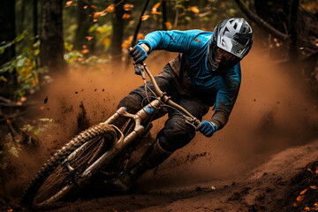 Motocross rider on the race in the autumn forest. Extreme motocross