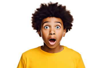 portrait with shocked face of an african child boy isolated on transparent background