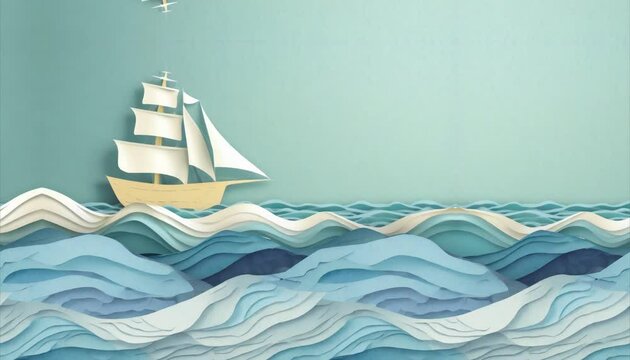 blue paper ship is sailing on the sea with copy space The concept of paper cut out traveling
