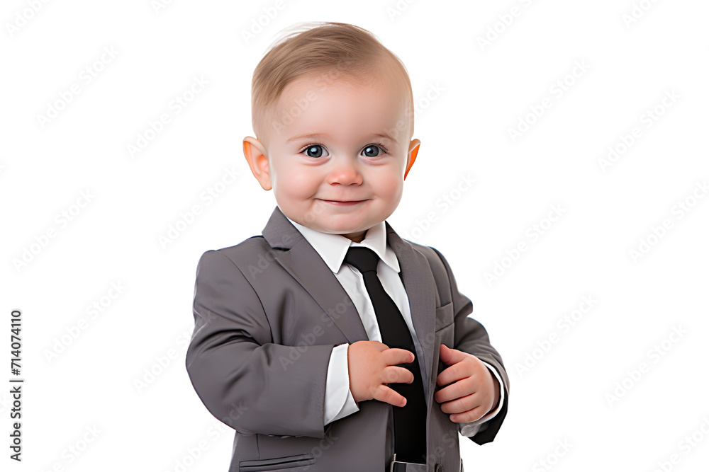 Wall mural baby boy in suit use mobile phone isolated on transparent background