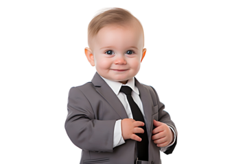 baby boy in suit use mobile phone isolated on transparent background