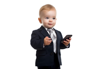 baby boy in suit use mobile phone isolated on transparent background