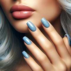 Glamour woman hand with baby blue nail polish on her fingernails