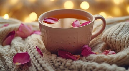 Obraz na płótnie Canvas cup of tea with rose petals on it