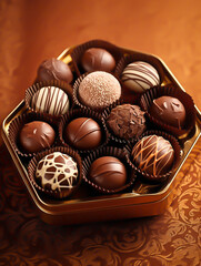 a set of gourmet chocolates arranged in a decorative box, warm brown background with lens flare