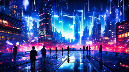 Futuristic cityscape with a person connecting in the digital space. Technology, connectivity, and modern urban life concept. - obrazy, fototapety, plakaty