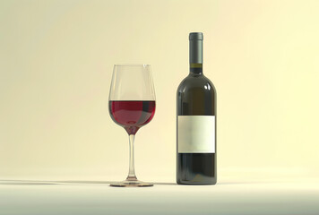 a glass with red wine and a bottle against white background,