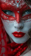 A beautiful young woman wearing a mysterious red Venetian mask showing only part of her face. Woman wearing a mask and red makeup for a costume party.