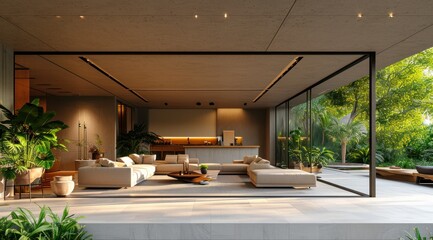 a modern living room sitting between two large glass doors