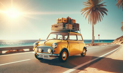 a classic small car on a beachside road, loaded with luggage on the roof rack