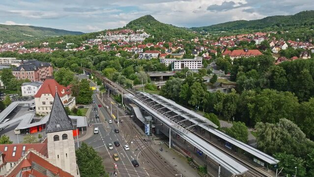 Aerial drone view of Jena‘s Train station , Jena in Thuringia, Germany