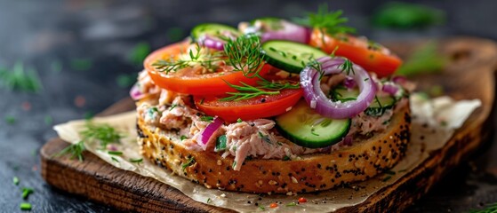 An everything bagel open-faced sandwich, generously topped with tuna salad, slices of ripe tomato, crisp cucumber, and purple onion rings, garnished with fresh dill, - obrazy, fototapety, plakaty
