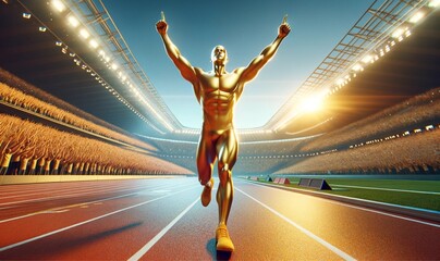 Fototapeta na wymiar an athletic character celebrating victory on a track and field stadium