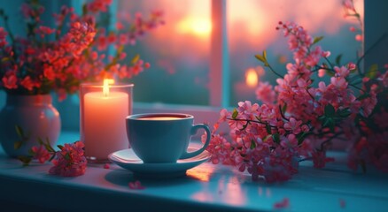 Naklejka na ściany i meble a cup of tea with flowers and candles