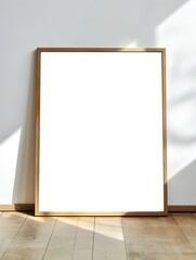 Transparent frame mockup. A large empty frame leaning against a white wall. 