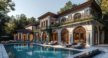 an exterior of a luxury home with some pool and lounges