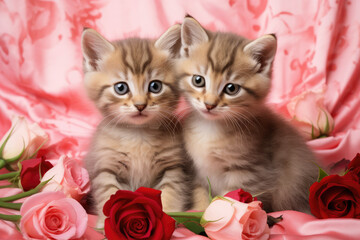 Two Fluffy Orange Tan Kittens Surrounded by Roses, Generative AI