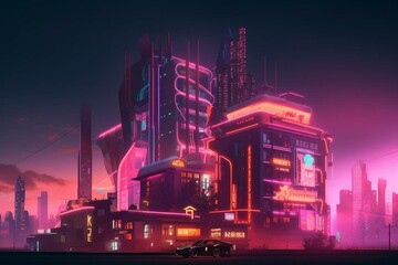 Night cityscape with futuristic pink and yellow neon lights and visionary architecture. Generative AI