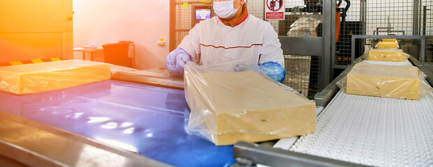 Two workers start making blocks of cheese in a factory.