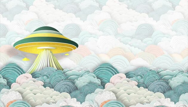 Yellow Ufo spaceship fly in blue white sky with clouds with copy space. Paper art cartoon 3d realistic trendy craft style. Modern origami design template.