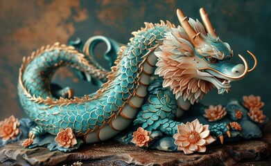 a dragon with flowers on a table