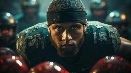Pro Football Championship Showdown: Teams Primed with Elite Athletes, Intense Confrontations Await. Expect a Fierce Display of Strength and Endurance in a Stadium Bathed in Striking Lighting