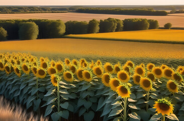 Fototapeta premium field with sunflowers, growing in rows, trees in the distance, dry grass, bird's eye view in the setting rays of the sun
