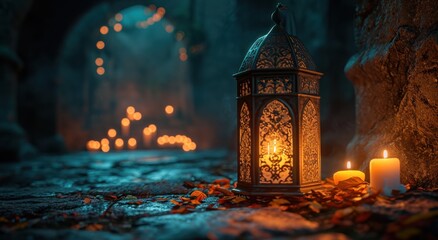 an islamic lantern sitting in a dark, dry, dark room with candles shining on it