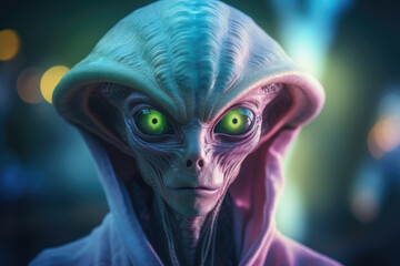 Alien with non-human biological creature concept, yellow eyes and futuristic clothing. Generative ai