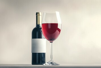 a glass with red wine and a bottle against white background