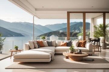Fototapeta premium Interior home design of modern living room with beige corner sofa of a lakeside house, with views of the lake and mountain
