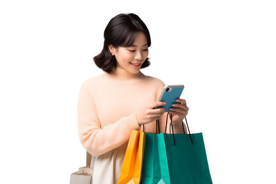 asian woman with shopping bags using mobile phone isolated on transparent background