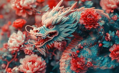 Fototapeta na wymiar color dragon with flowers