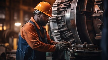 Fototapeta na wymiar African American mechanic worker is checking the gear for hydraulic machine inside metal steel manufacturing factory for maintenance and inspection