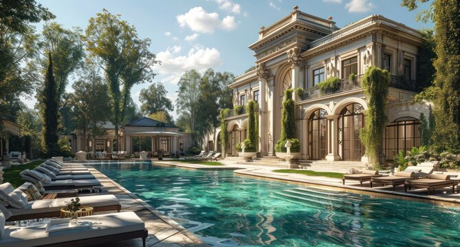 an exterior of a luxury home with some pool and lounges
