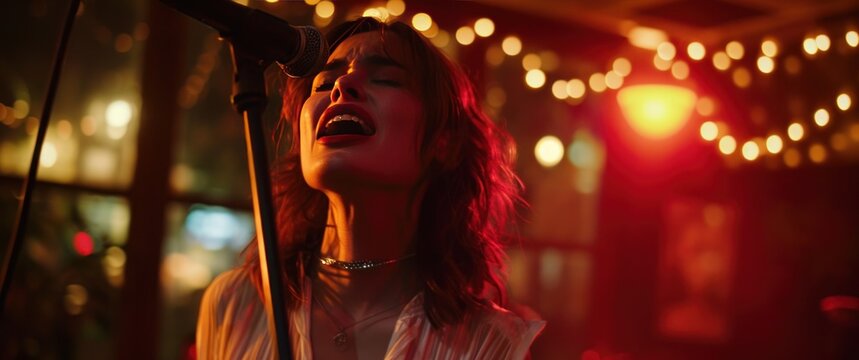 A Woman Singing Into A Microphone At A Restaurant