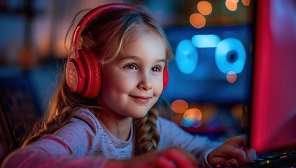 Fototapeta na wymiar a cute little girl on a red computer at home using headphones